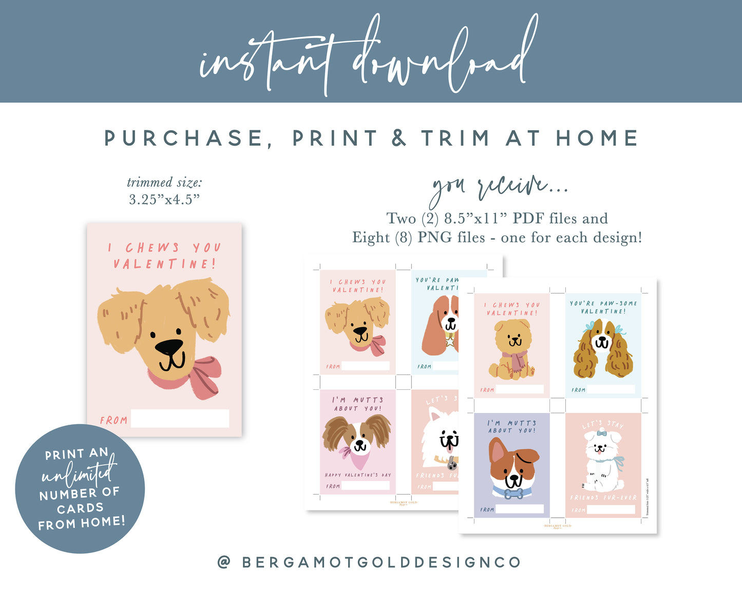 Valentine Dogs - Set of 8 Digital Download Cards